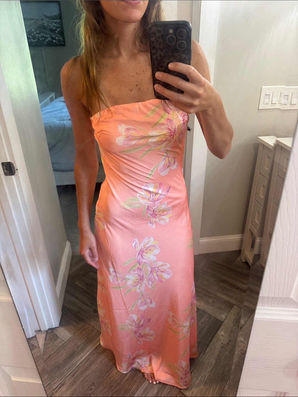 Strapless Floral Maxi Dress in Peach